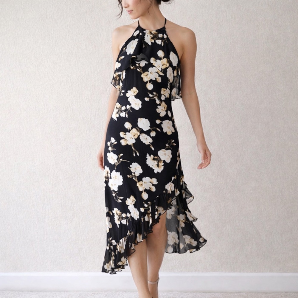 Alice + Olivia Silk Floral Halter Dress Open Back Ruffle Hem Sz 4